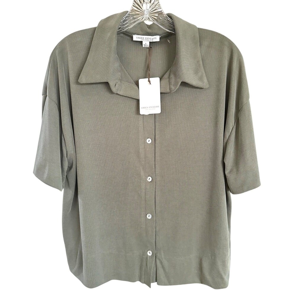 Green Envelope Women's Ribbed Modal Button Down Shirt Short Sleeve Size L Green